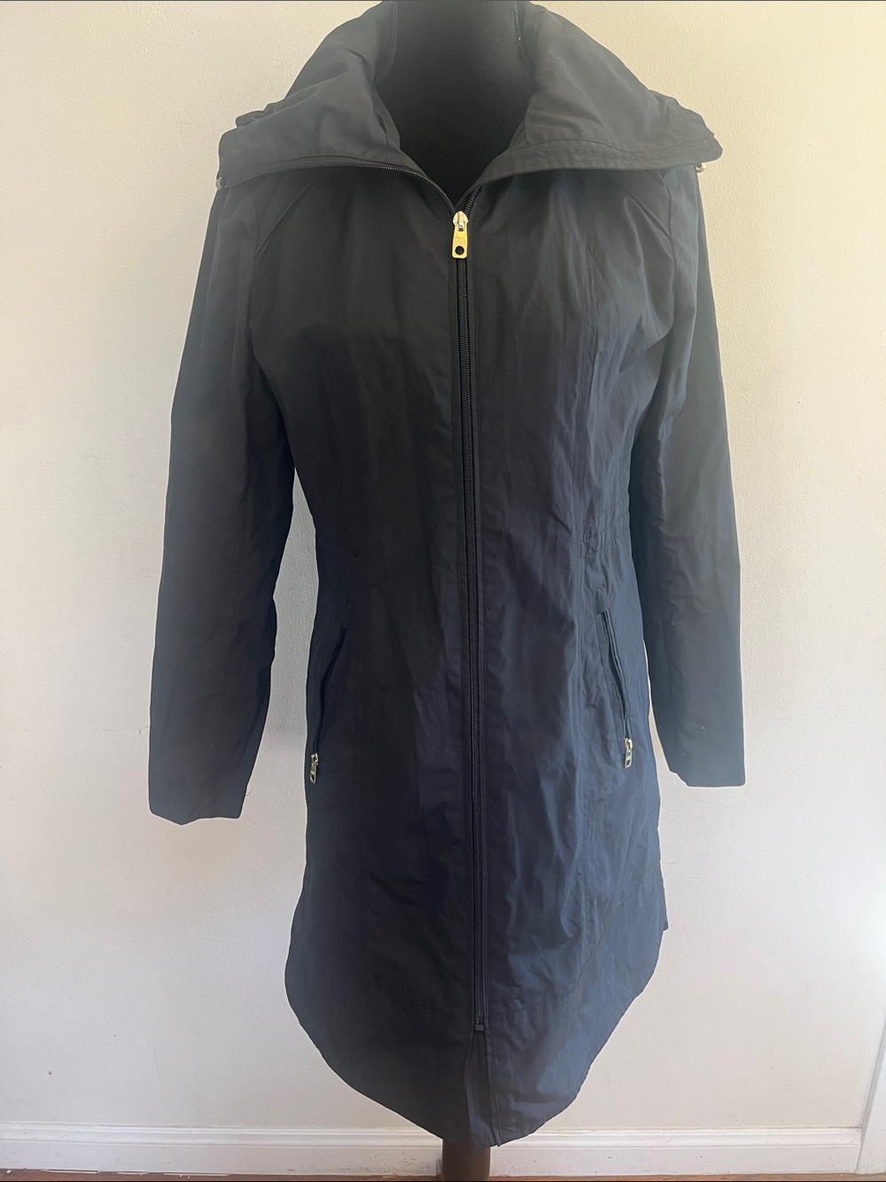 Cole Haan Black Hooded Long Rain Jacket with Gold Zippers